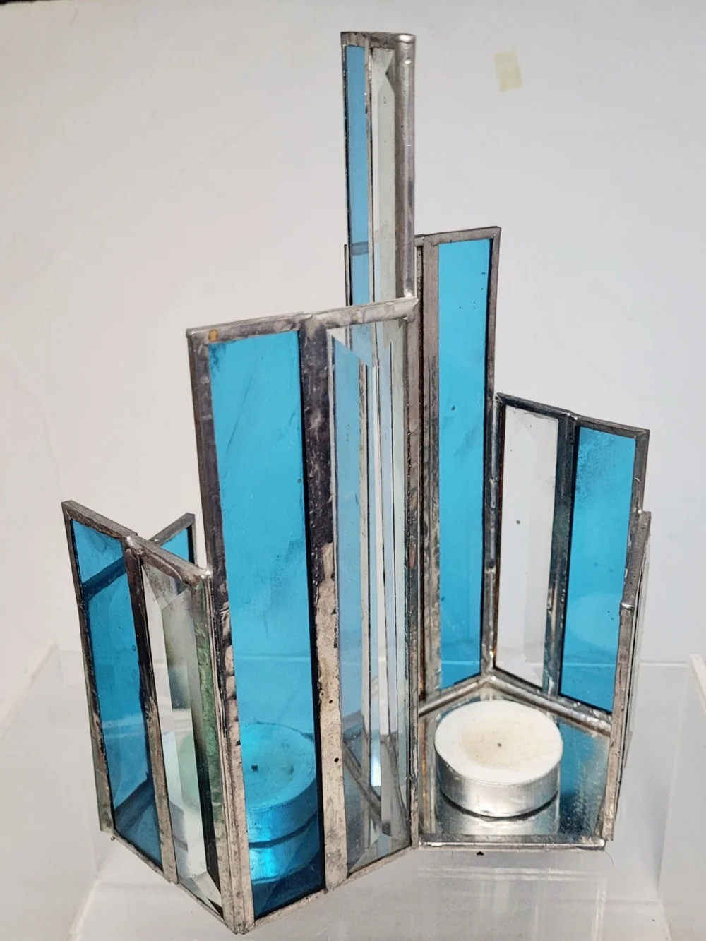 Vintage Unique Handmade Beveled Stained Glass Dual Candle Holder